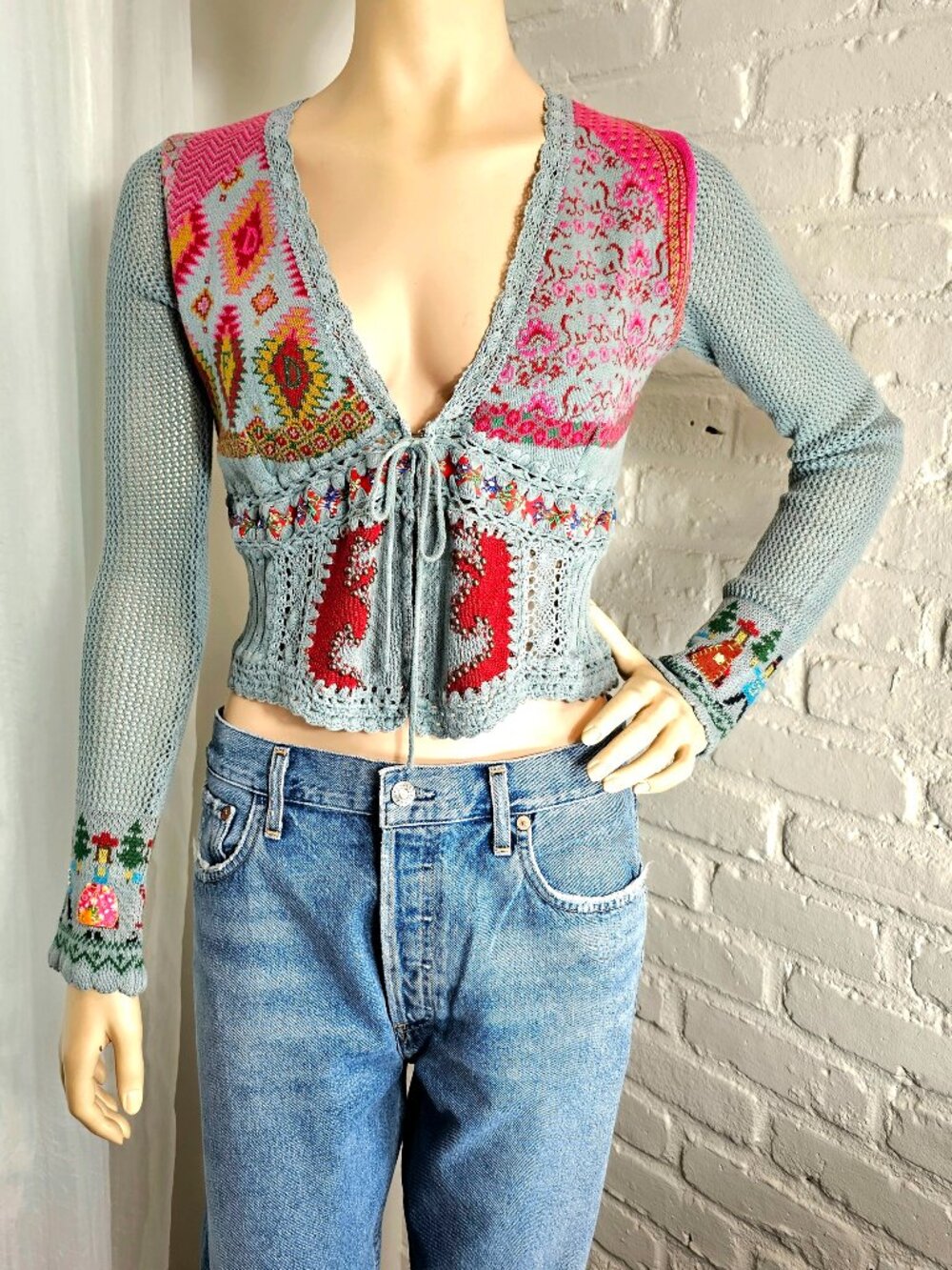 Cecilia Prado x Anthropologie Mixed Knit Crochet Crop Cardigan Medium NWOT